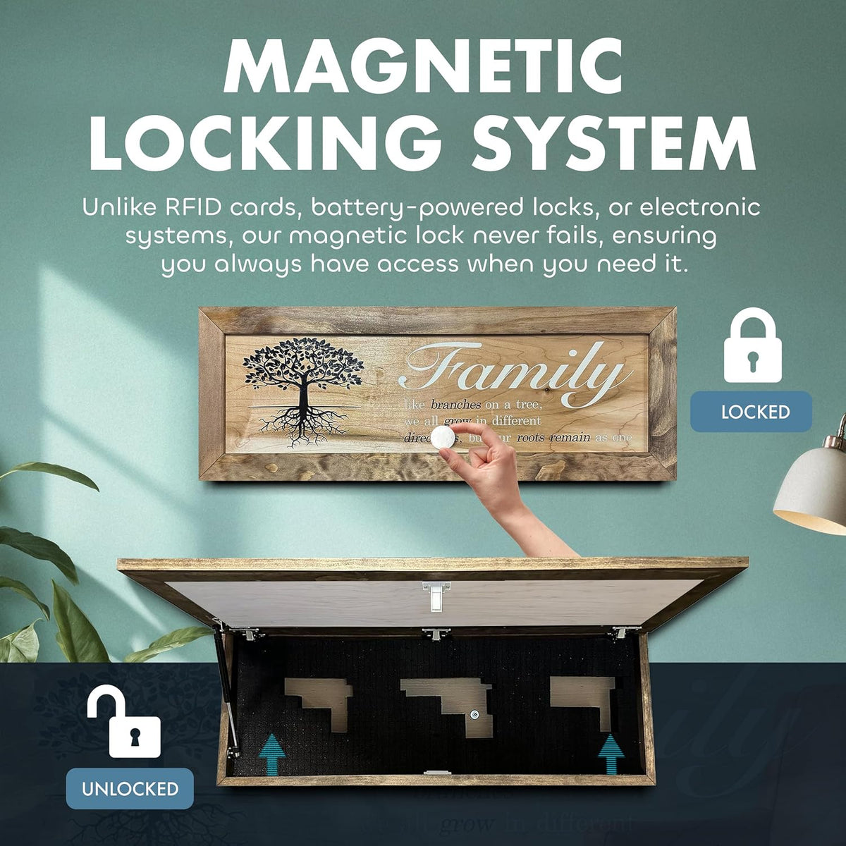 Large Hidden Gun Storage Cabinet with Family Tree Design & Magnetic Lock