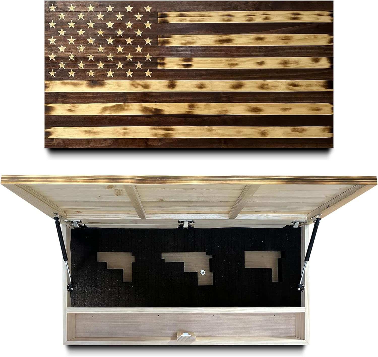 Large American Flag Gun Safe - Quick Access Hidden Gun Safe for Rifles, Shotguns, & Handguns - Gun Concealment Furniture with Magnetic Lock - Gun Self Hidden Storage (Red Mahogany) Bellewood Designs