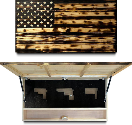 Large American Flag Gun Safe - Quick Access Hidden Gun Safe for Rifles, Shotguns, & Handguns - Gun Concealment Furniture with Magnetic Lock - Gun Self Hidden Storage (Burnt) Bellewood Designs