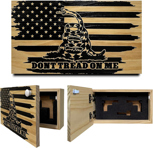 Wooden wall-mounted concealment case with black Gadsden flag and "DONT TREAD ON ME" text. Foam interior.
