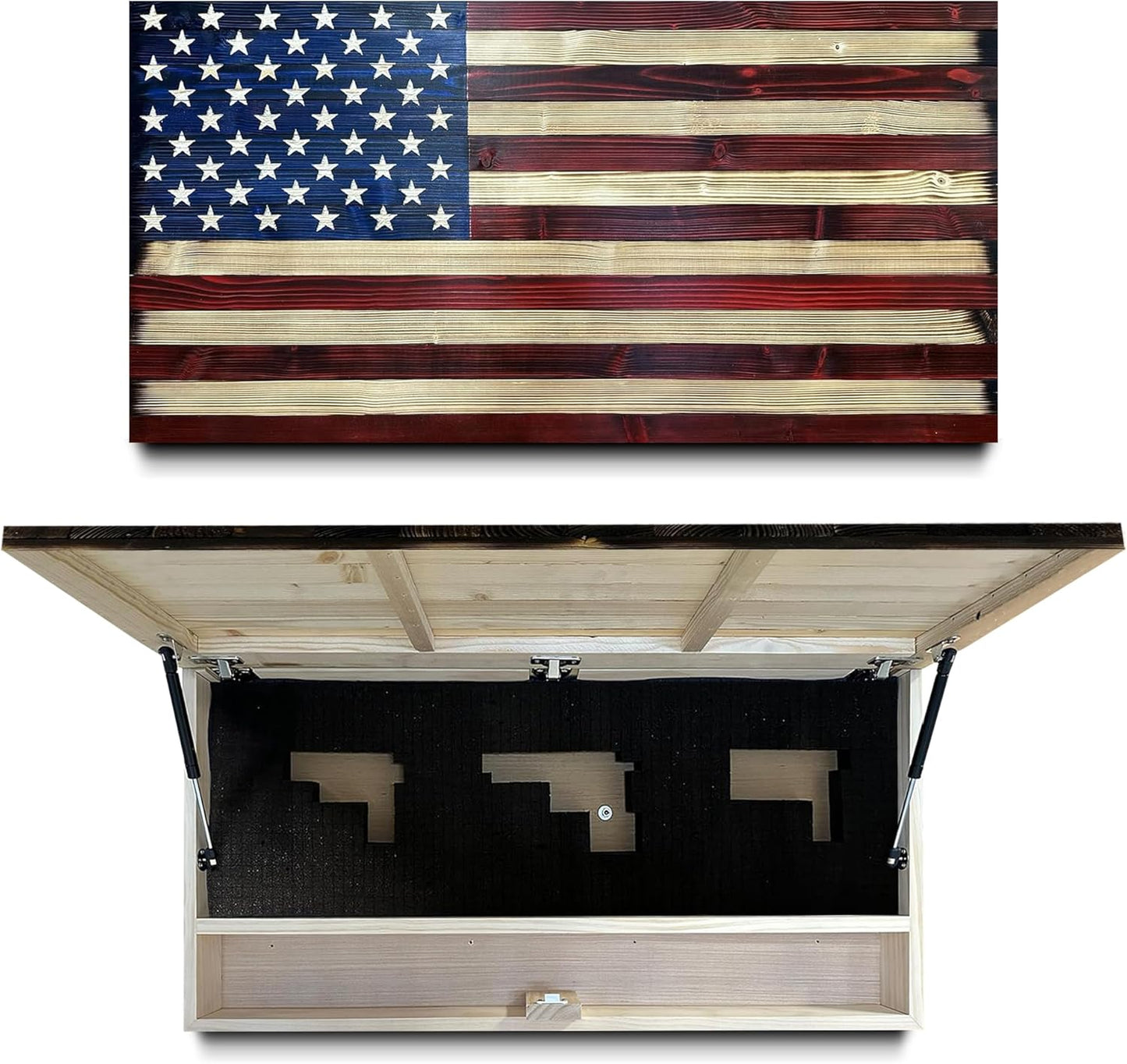 Large American Flag Gun Safe - Quick Access Hidden Gun Safe for Rifles, Shotguns, & Handguns - Gun Concealment Furniture with Magnetic Lock - Gun Self Hidden Storage (Red and Blue) Bellewood Designs