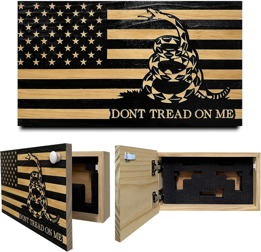 Wooden Gadsden flag concealed wall storage box with foam insert and "DONT TREAD ON ME" text.