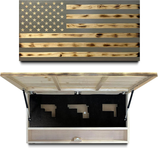 Large American Flag Gun Safe - Quick Access Hidden Gun Safe for Rifles, Shotguns, & Handguns - Gun Concealment Furniture with Magnetic Lock - Gun Self Hidden Storage (Gray) Bellewood Designs