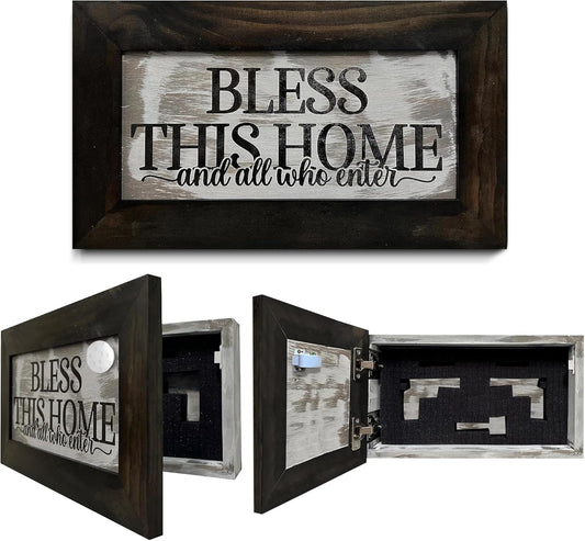 Bless This Home and All Who Enter Hidden Gun Storage Wall Decor - Hand-Painted Gun Concealment Decor - Gun Shelf Hidden Storage with Magnetic Lock for Quick Access - Made In USA