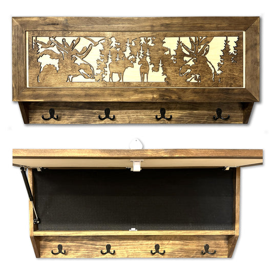 Brown wooden wall-mounted storage shelf with moose silhouette art, four black hooks, and a drop-down compartment.