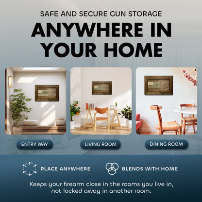 Safe and secure gun storage shown anywhere in your home, including entryway, living room, and dining room