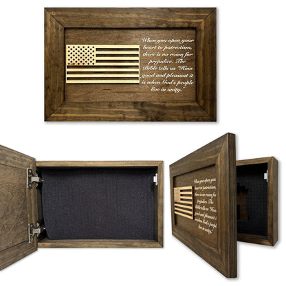 Multiple views of American Flag Patriotism wall-mounted gun cabinet showing wood frame, flag design, quote, and lined interior