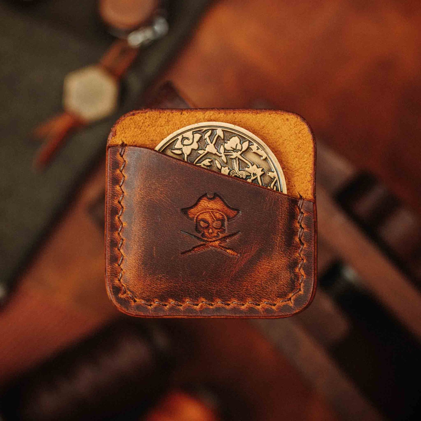 Pirate Goods Peso Pocket Coin Holder – Leather Challenge Coin Case for EDC