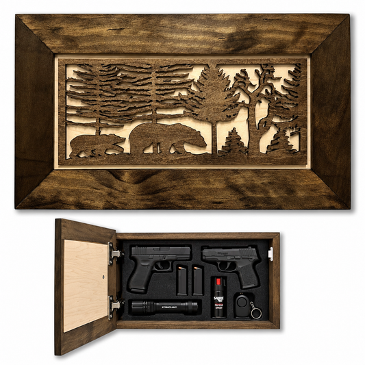 Bear in Woods Hidden Gun Storage Safe Concealment Shelf Concealed Furniture