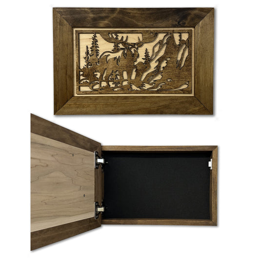 Wooden box with a laser-cut moose and forest scene lid, shown closed and open with a black foam-lined interior.