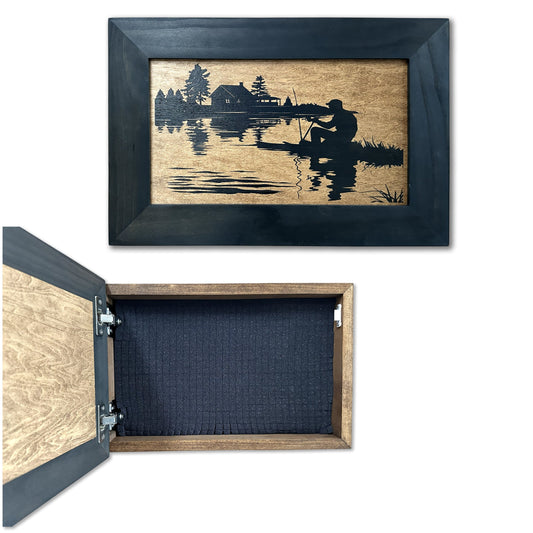 Wooden testing kit box with black lake scene lid and foam-lined interior.
