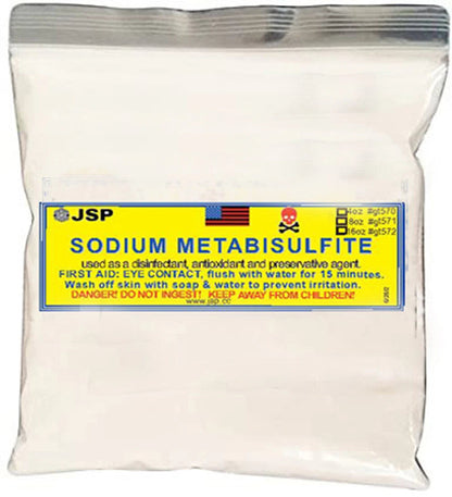 Front view of Sodium Metabisulfite gold precipitant 8 oz bag showcasing JSP label and white powder on a white background