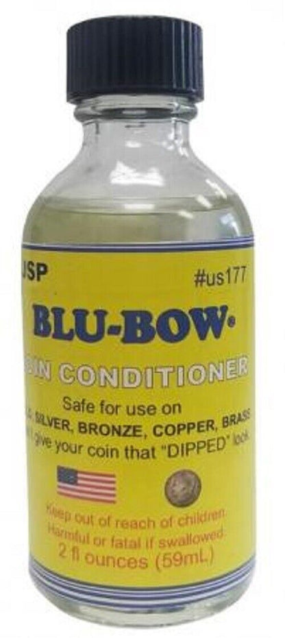 Front view of JSP Blu-Bow 2 ounce coin conditioner bottle showcasing its yellow label on a white background
