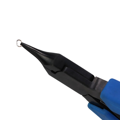 Close-up side view of Pepetools Coil Winder for Jump Ring Maker showcasing blue handles and a jump ring at the tip on a white background
