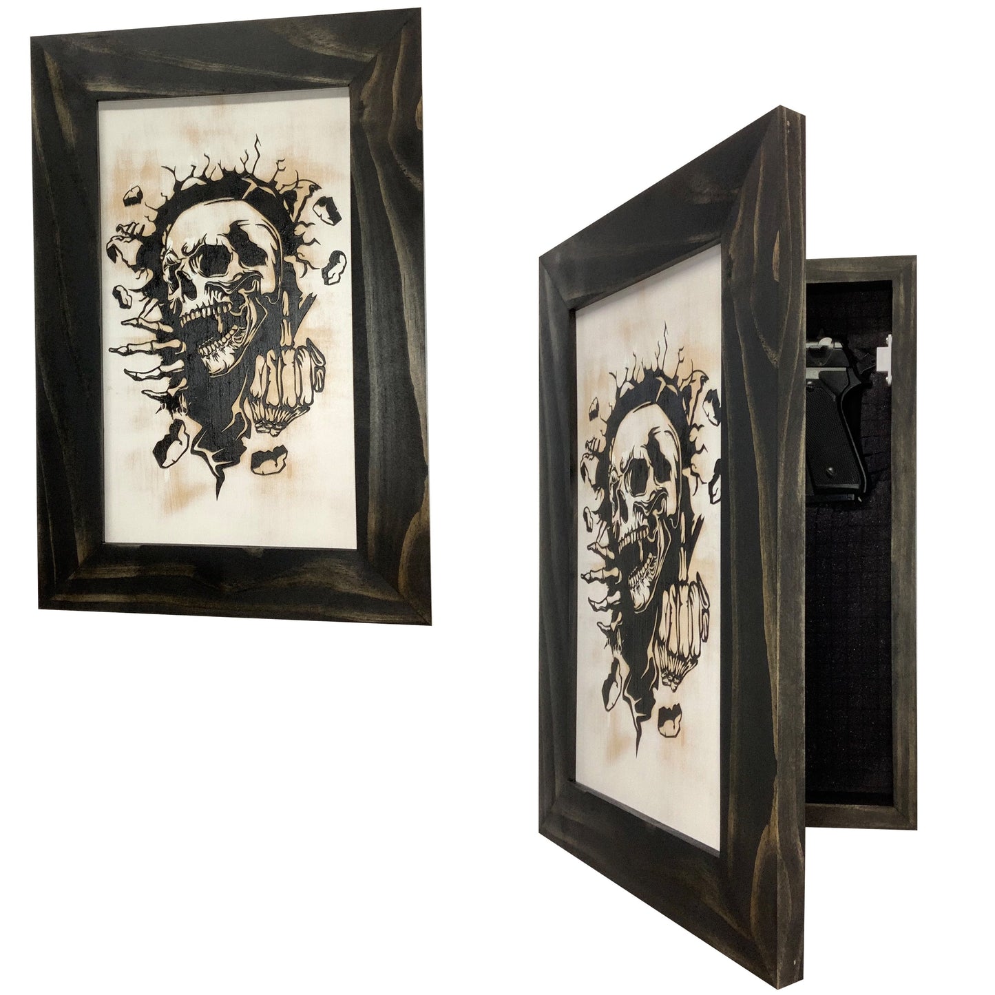 Hidden Gun Cabinet Safe with Skull Giving Middle Finger Wall Decor, Concealed Furniture