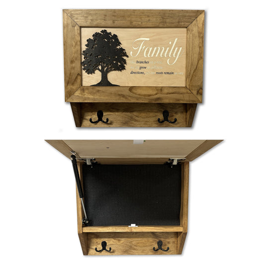 Wooden wall-mounted concealment box with "Family" tree graphic, key hooks, and foam-lined interior compartment.