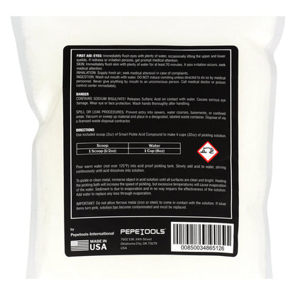 Back view of Smart Pickle for Non-Ferrous Metals bag showing mixing instructions and sodium bisulfate warning on a white background