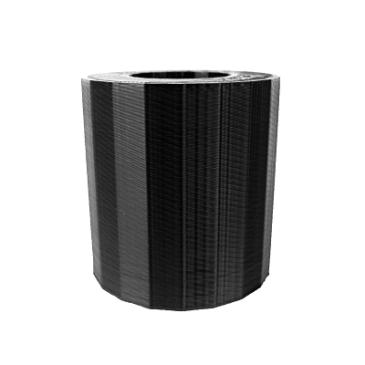 Front view of 3D printed spool hub showcasing its cylindrical shape on a white background