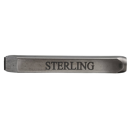 Side view of a hardened steel jewelers metal stamp showcasing STERLING text on a white background