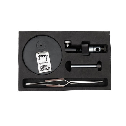 Top view of Whaley Adjustable Third Hand Signature Series by Jay Whaley showcasing clamp and tools in black foam tray