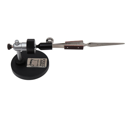 Side view of Whaley Adjustable Third Hand, Signature Series, showing its adjustable clamp and black round base