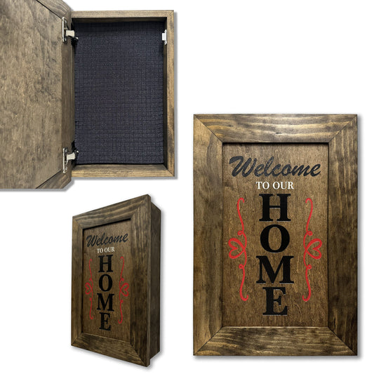Brown wooden wall-mounted cabinet with black and red "Welcome to Our Home" text and a black grid interior.