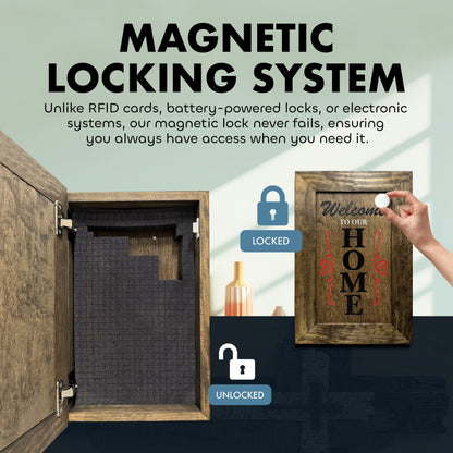 Brown wooden concealment box with a magnetic locking system, foam interior, and "Welcome to our Home" sign.