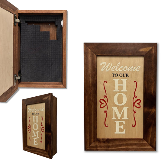 Dark brown wood concealment box with "WELCOME TO OUR HOME" text, shown open and closed.