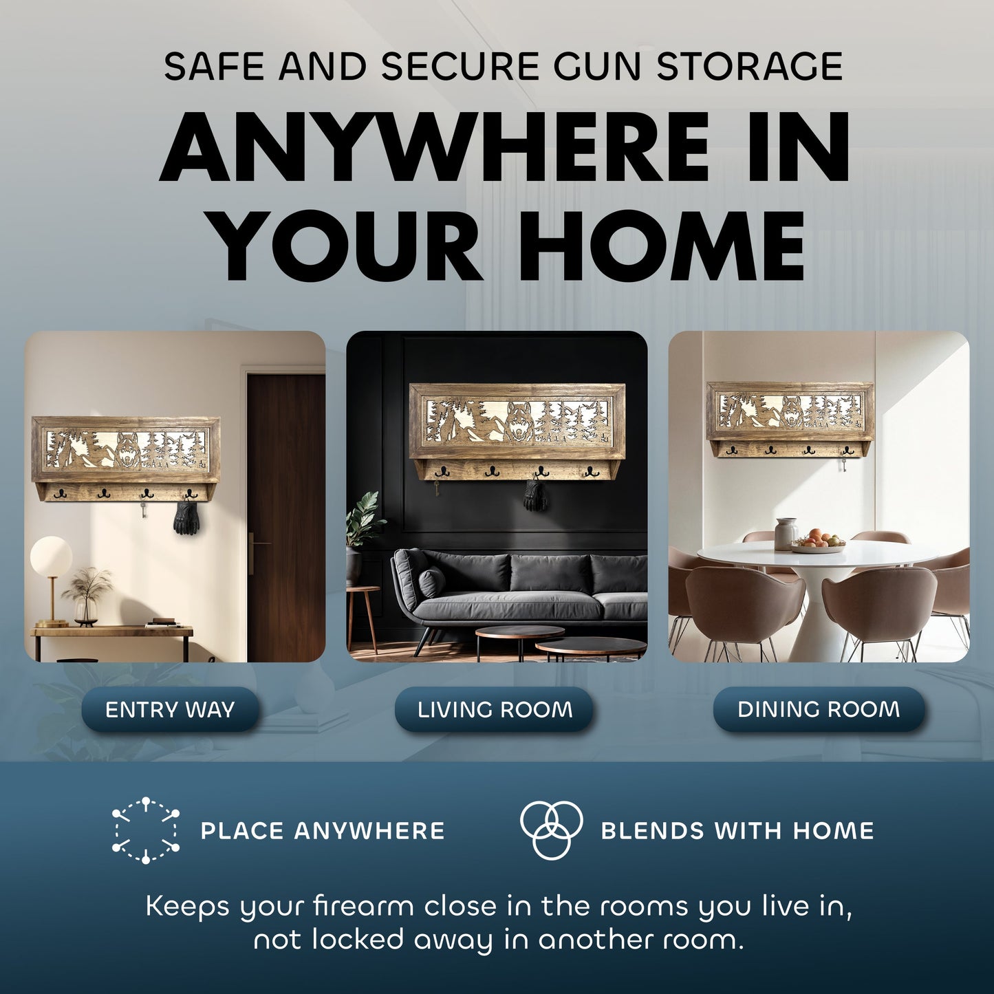 Wolf in the Wild Hidden Gun Storage - Coat Rack Concealment Shelf with Hooks for Coats, Bags, & Hats - Quick Access Hidden Gun Shelf - Secure Magnetic Lock