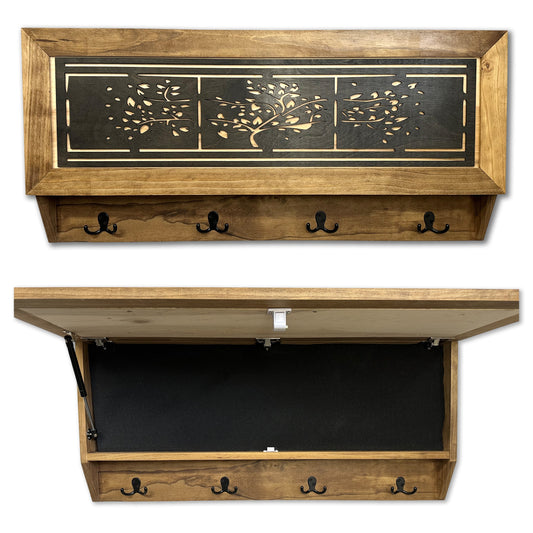 Wooden wall-mounted concealment shelf with carved tree artwork, four black hooks, and an open compartment.