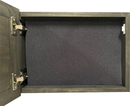Open interior view of the American Flag hidden gun safe showcasing a foam lined compartment and hinges on a white background