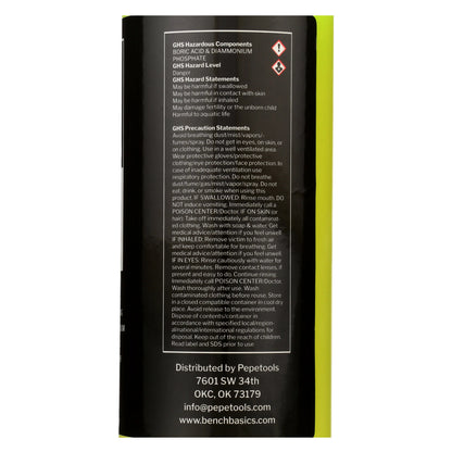 Back view of Yellow Flux hard soldering flux container showing GHS hazard warnings on black label against white background