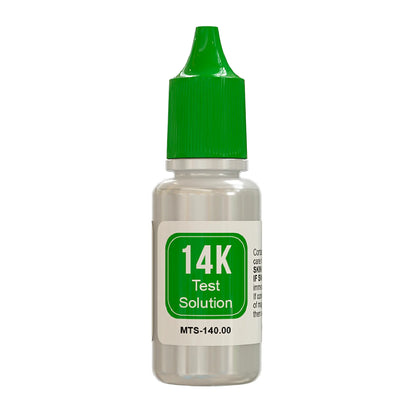 Front view of a 14K gold test solution bottle showcasing its labeled green cap and white background