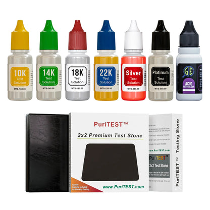 Front view of PuriTEST jewelry acid testing kit showcasing 10K, 14K, 18K, 22K, silver, platinum, neutralizer bottles and test stone