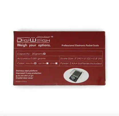 Front view of DigiWeigh electronic pocket scale packaging showing 20 gram capacity and 0.001 gram accuracy on white background