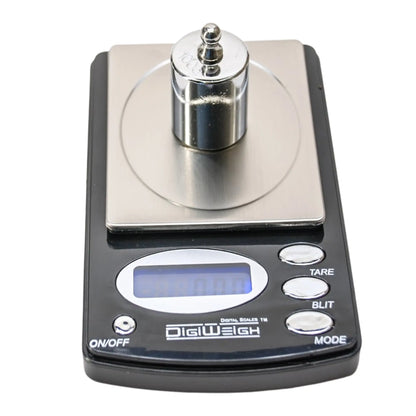 Front view of a DigiWeigh digital scale showcasing a metal weight on its platform against a white background