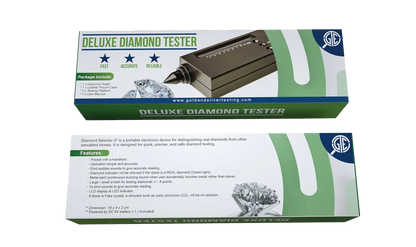 Front and side view of the GTE Deluxe Diamond Tester box showing the handheld tester, loose diamond, and package contents
