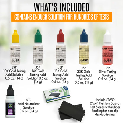 Kit infographic showing hundreds of tests, gold acids, silver solution, neutralizer, and two scratch stones