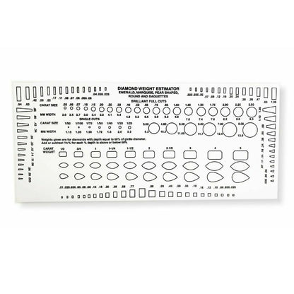 Diamond weight estimator chart showing carat sizes and shape guides for emerald, marquise, pear, round, baguette, and brilliant cuts