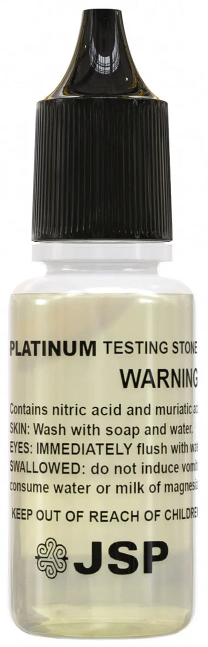 Front view of JSP platinum testing solution bottle showcasing its warning label with a white background