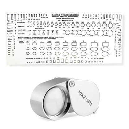 Front view of diamond weight estimator chart and 30 by 21 mm loupe with sizing references on a white background