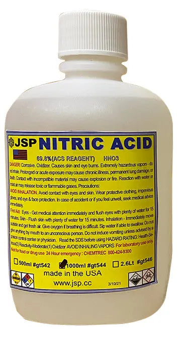 Front view of JSP nitric acid bottle showing 69.8 percent ACS reagent and 500 ml, 1000 ml, 2.6 liter markings