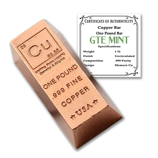 1 Pound Copper Bullion Bar Ingot Paperweight - 999 Pure Chemistry Element Design with Certificate of Authenticity