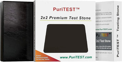 Front view of PuriTEST 2 by 2 Premium Test Stone showcasing rubber backing with product packaging