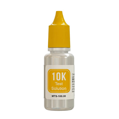 Front view of PuriTEST 10K test solution bottle with yellow cap on a white background