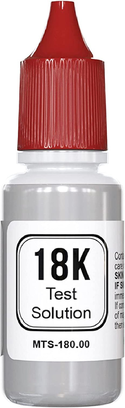 Front view of 18K test solution bottle showcasing its labeled red cap on a white background