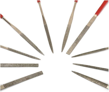 Close-up of needle files showcasing assorted metal file shapes with red handles on a white background