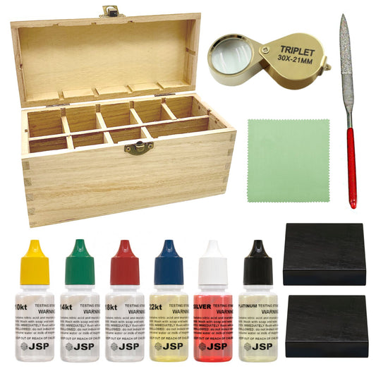 Gold Test Acid 10K 14K 18K 22K 24K Silver Platinum Jewelry Precious Metals Tester Stone Storage Box Kit Jeweler's File w/ 30X Magnifier Loupe