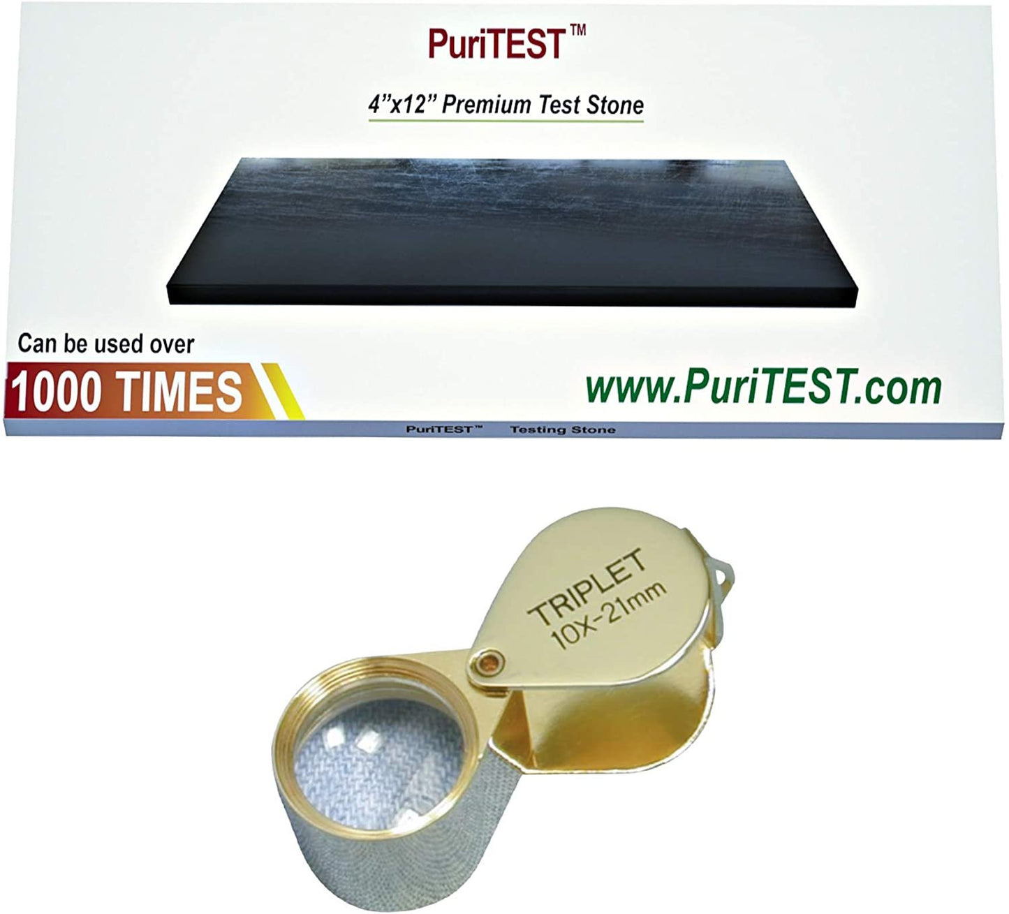 PuriTest Brand 4x12 Gold Test Stone Silver Platinum Testing Scratch Tool + 10x Jewelry Loupe