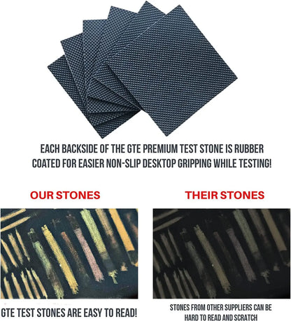 Comparison showing GTE premium test stones have rubber backs for non-slip grip and are easier to read than other supplier stones